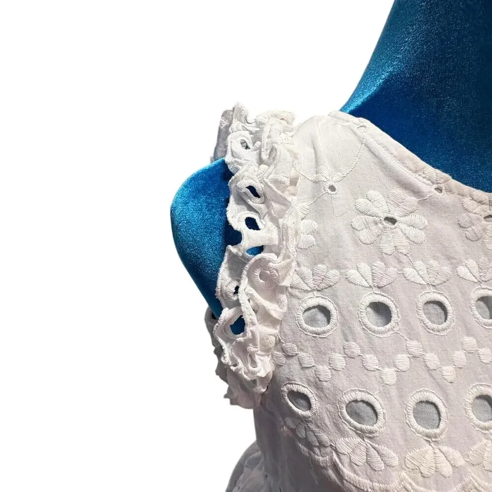 Kate Spade White Cotton Eyelet Ruffled Dress Boho Cottage Fairy Sleeveless 4